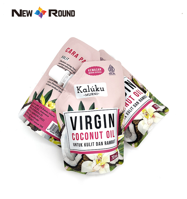 Individuell bedruckter laminierter Öl-Verpackungsbeutel mit Stand-Up-Ausguss. Stand-Up mit Ausguss für 70-ml-Verpackungsbeutel aus reinem Kokosnussöl