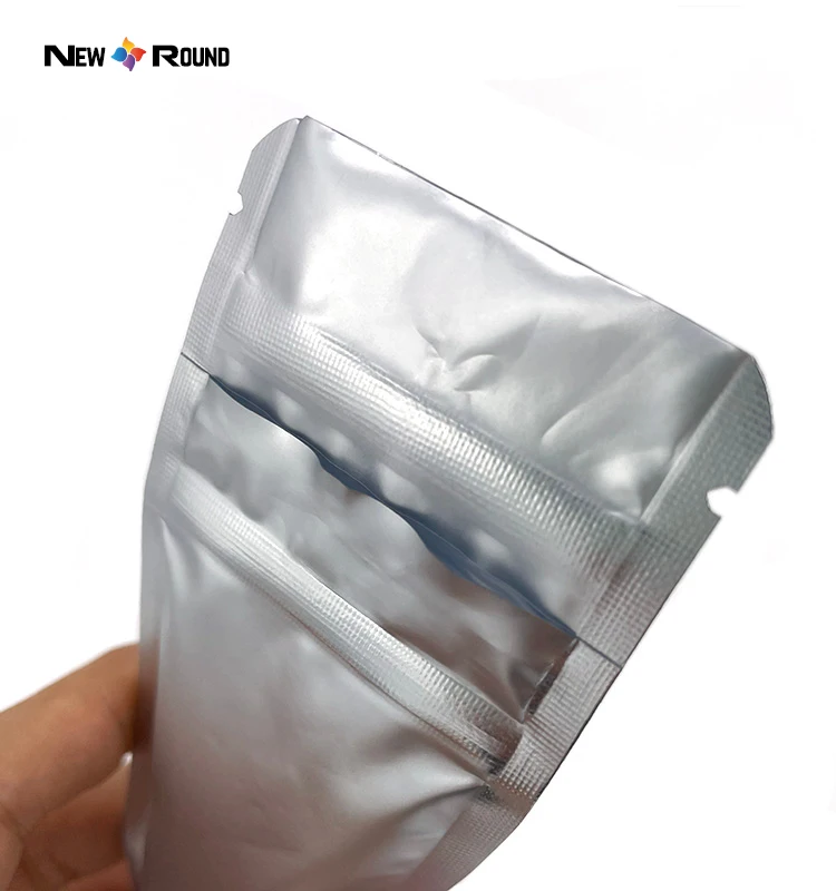 Mattsilberne, kindersichere Mylar-Tasche mit Logo, heißversiegelter Kunststoff-Reißverschluss mit weicher Haptik und geruchssicherer Reißverschlusstasche