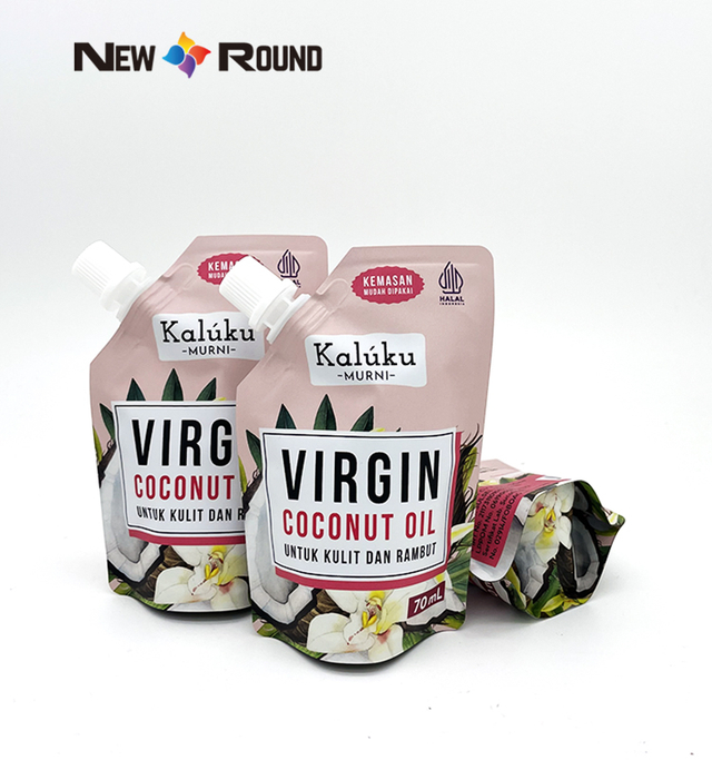 Individuell bedruckter laminierter Öl-Verpackungsbeutel mit Stand-Up-Ausguss. Stand-Up mit Ausguss für 70-ml-Verpackungsbeutel aus reinem Kokosnussöl